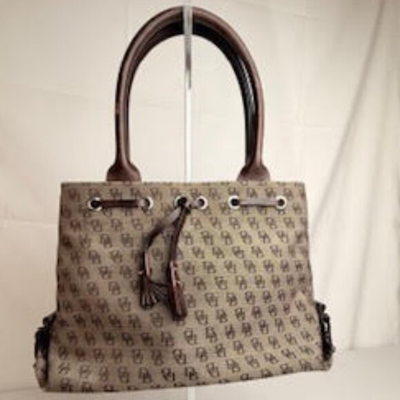 Dooney & Bourke Logo Canvas Satchel Brown Monogram, Leather Handles with Tassel - Picture 2 of 10